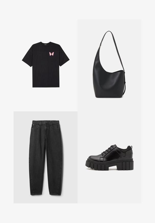 Melna kokvilnas T-krekls ar īsām piedurknēm, kuram priekšā kreisajā pusē ir neliels rozā tauriņa grafiskais attēls. Ar apaļu kaklu un brīvā stila piegriezumu.; Melni džinsa bikses ar taisnu kāju griezumu, ar piecām kabatām, pogu aizdari un minimālu šūšanas detaļu. Klasisks dizains un tekstūra.; Melnas ādas platformas kurpes ar masīvu bloku papēdi, apaļu purngalu un tradicionālu saistīšanas dizainu. Izceļas ar gludu tekstūru un minimālu apdari.; Melnas ādas hobo soma ar gludu tekstūru, izliekta forma un vienu regulējamu jostu; augšā ir plaša atvere.