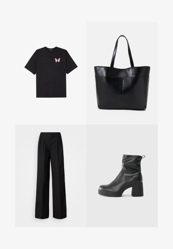 Must muströöpidega must puuvillane T-särk, vasakul rinnal on väike roosa liblikas. Ümar kaelus ja vabalt istuv lõige.; Mustad laiad mustad püksid, mis on valmistatud siledast materjalist, esiosal on voltides ja vöökoht kahe nupuga kinnitamiseks.; Mustad mustad ansapüksid, mis on valmistatud siledast nahast, külje zipperiga, paksu tekstuuriga kontsaga ja ümmarguse nina disainiga.; Must mustaga musta nahast, millel on kaks pikka kanda, sile tekstuur ja struktureeritud kuju. Esipoolsel on lisakoti jaoks tasku.