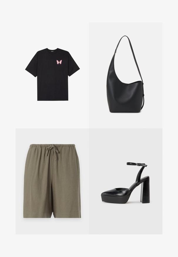 Tricou negru din bumbac cu mâneci scurte, având pe partea stângă a pieptului un mic grafic cu un fluture roz. Design cu guler rotund și croială lejeră.; Pantaloni scurți khaki dintr-un material ușor. Au un tiv elastic cu șnur și o croială lejeră. Design simplu, de culoare uniformă.; Pantofi cu toc platformă negri, cu vârful ascuțit și curea reglabilă la gleznă. Confecționați din piele netedă, având un toc gros.; Geantă hobo din piele neagră, cu o textură netedă, formă curbată și un singur bretele ajustabil; are o deschidere largă în partea de sus.