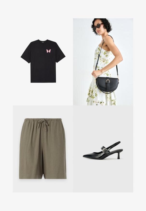 Čierne bavlnené tričko s krátkymi rukávmi, s malým ružovým motýlikom na ľavej hrudi. Design s okrúhlym výstrihom a uvoľneným strihom.; Khaki šortky vyrobené z ľahkého materiálu. Obsahujú elastický pás s šnúrkou a voľný strih. Jednoduchý, jednofarebný dizajn.; Čierne patentové kožené sandále na podpätku so špicatou špičkou a malým blokovým podpätkom, s dekoratívnou striebornou sponou na remienku.; Čierna kožená kabelka s zaobleným tvarom, odnímateľným popruhom a zlatými doplnkami. Kabelka má klopu s detailom s prackou.