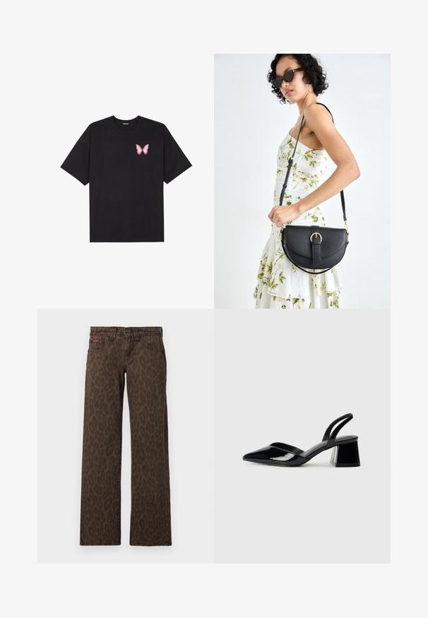 Black cotton t-shirt with short sleeves, featuring a small pink butterfly graphic on the left chest. Crew neck design with a relaxed fit.; Brown leopard print jeans with a straight leg design, featuring a button closure and subtle red branding on the front. Soft denim texture.; Black patent leather slingback heels with a pointed toe and a geometric block heel. Features a sleek, minimal design and smooth texture.; Black leather handbag with a curved shape, detachable strap, and gold hardware. The bag features a flap with a buckle detail.