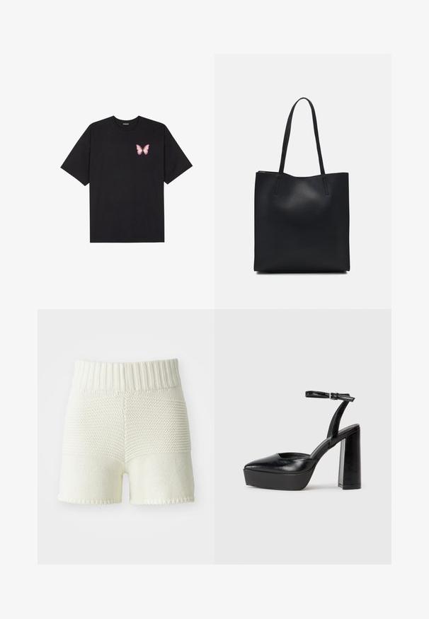 Black cotton t-shirt with short sleeves, featuring a small pink butterfly graphic on the left chest. Crew neck design with a relaxed fit.; Knit shorts in off-white with a ribbed waistband, featuring a texture contrast between the top and bottom sections, hemmed edges.; Black platform heels with a pointed toe and adjustable ankle strap. Constructed from smooth leather, featuring a chunky block heel.; Black leather tote bag with smooth texture, rectangular shape, and two long handles. No visible hardware or embellishments.