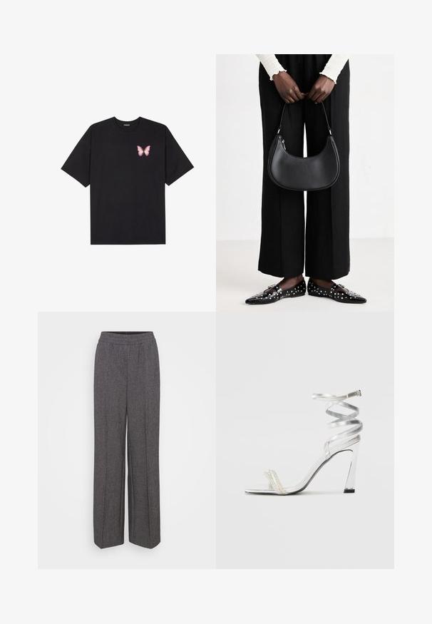T-shirt de algodão preto com mangas curtas, apresentando um pequeno gráfico de borboleta rosa no lado esquerdo do peito. Design de gola redonda com um corte solto.; Calças largas cinzentas com uma cintura elástica, apresentando um tecido texturizado e um padrão subtil. Sem bolsos ou fechos visíveis.; Sandalha de salto alto prateada com um design de tira brilhante, apresentando um detalhe semelhante a uma pérola e uma tira de tornozelo espiralada para um ajuste seguro.; Bolsa de ombro de couro preta com forma arredondada, acabamento brilhante e ferragens prateadas. Pessoa vestindo calças largas pretas e mocassins com tachas.