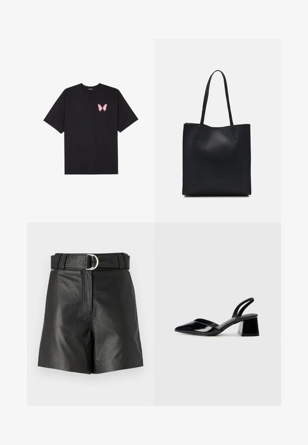 Musta puuvillapaita lyhyillä hihoilla, jossa on pieni vaaleanpunainen perhosgrafiikka vasemmassa rinnassa. Pyöreä kaula-aukko ja rento istuvuus.; Mustat nahkahousut leveällä vyöllä, jossa on hopeanvärinen pyöreä solki. Sileä pinta, jossa istuva malli ja edessä vetoketju.; Mustat patentoitu nahkakengät, joissa on säären takaosa ja terävä kärki, sekä geometrinen palikkakorko. Sisältää tyylikkään, minimalistisen muotoilun ja sileän pinnan.; Mustapahkainen kangaskassi, jossa on sileä pinta, suorakaiteen muotoinen ja kaksi pitkää kahvaa. Ei näkyvää metalliosaa tai koristeita.