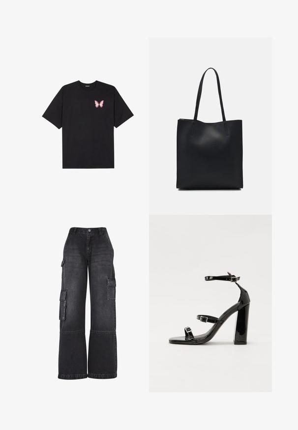 Black cotton t-shirt with short sleeves, featuring a small pink butterfly graphic on the left chest. Crew neck design with a relaxed fit.; Black cargo pants in denim, featuring wide legs, multiple side pockets, and a fitted waistband with a front button closure.; Black patent heeled sandals with a square toe, ankle straps, and silver buckles. Features a chunky block heel for stability.; Black leather tote bag with smooth texture, rectangular shape, and two long handles. No visible hardware or embellishments.