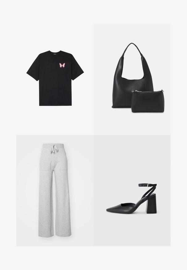 Zwarte katoenen t-shirt met korte mouwen, voorzien van een kleine roze vlinder graphic op de linkerkant van de borst. Crew neck ontwerp met een relaxte fit.; Grijze wijde sweatpants gemaakt van zachte stof, met een elastische tailleband, trekkoord en twee zijzakken. Glad texuur, casual ontwerp.; Zwarte leren puntige pump met een enkelbandje en een chunky hak. Vlakke textuur, strakke vormgeving en minimalistische esthetiek.; Even&Odd Handtas - black