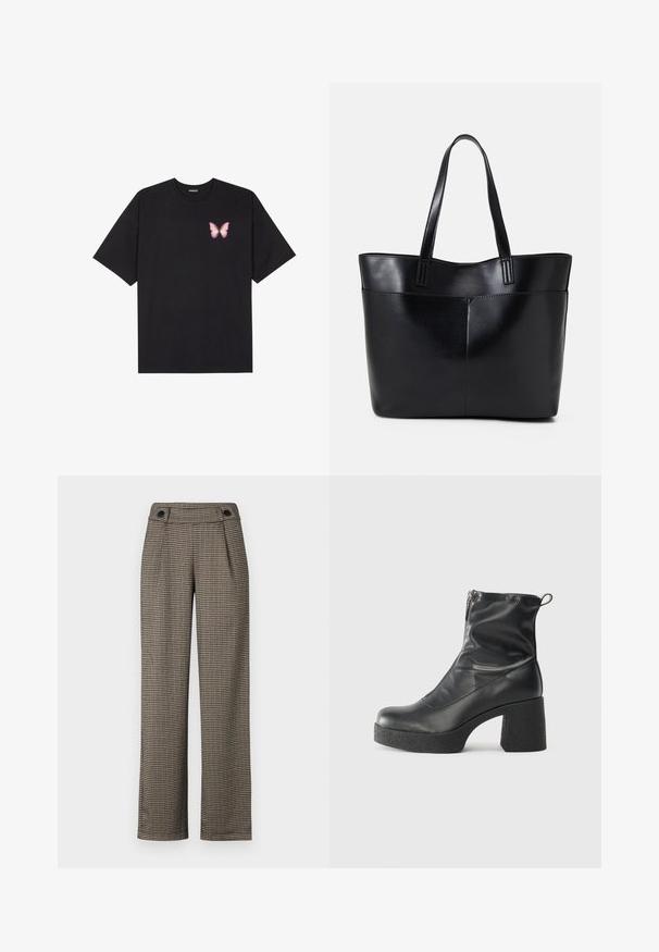 Must muströöpidega must puuvillane T-särk, vasakul rinnal on väike roosa liblikas. Ümar kaelus ja vabalt istuv lõige.; Pruunikirjuline kontrollmustriga püksid kõrge vöökohaga, külgplekkide ja mustade nööbikaunistustega. Valmistatud tekstureeritud kootud kangast.; Mustad mustad ansapüksid, mis on valmistatud siledast nahast, külje zipperiga, paksu tekstuuriga kontsaga ja ümmarguse nina disainiga.; Must mustaga musta nahast, millel on kaks pikka kanda, sile tekstuur ja struktureeritud kuju. Esipoolsel on lisakoti jaoks tasku.