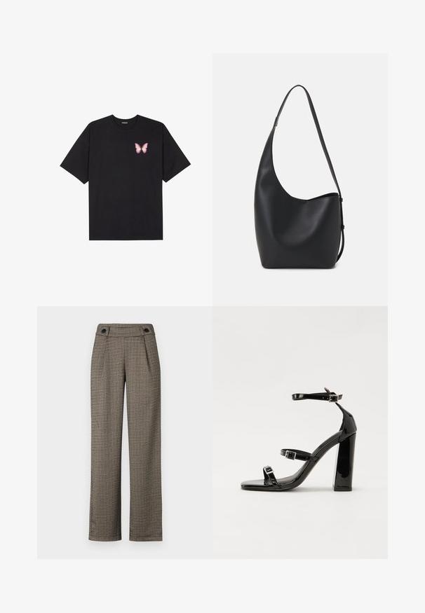 Svart bomulls T-skjorte med korte ermer, med en liten rosa sommerfugl grafikk på venstre bryst. Crew-neck design med en avslappet passform.; Brune rutete bukser med høy midje, med sidelommer og svarte knappdetaljer. Laget av en strukturert vevd stoff.; Svart høyglans sandaler med hæl, firkantet tå, ankelremmer og sølvspenner. Har en kraftig blokkhæl for stabilitet.; Svart lær hobo-veske med glatt tekstur, buet form og enkelt justerbart stropp; har en bred åpning på toppen.