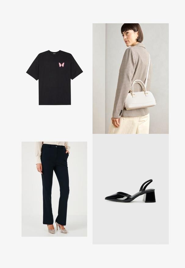 Melna kokvilnas T-krekls ar īsām piedurknēm, kuram priekšā kreisajā pusē ir neliels rozā tauriņa grafiskais attēls. Ar apaļu kaklu un brīvā stila piegriezumu.; Jūras spēku zilu šūtu bikses ar gludu tekstūru, taisnām kājām, priekšējām kabatām un pogu aizdari, kombinētas ar metāliskām papēžiem.; Melna lakota āda ar atvērto papēdi, ar smailu purngalu un ģeometrisku blokpapēdi. Iezīmējas elegants, minimāls dizains un gluda tekstūra.; Balta strukturēta roku soma ar īsām rokturiem un plecu siksnu, ar zelta aparatūras akcentiem un strukturētu materiālu, izstādīta uz pelēka fona.