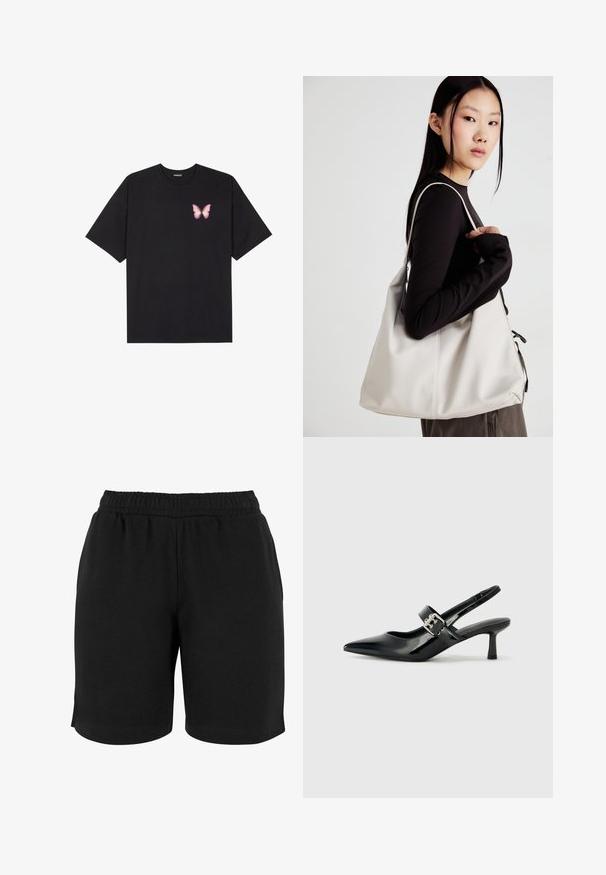 Čierne bavlnené tričko s krátkymi rukávmi, s malým ružovým motýlikom na ľavej hrudi. Design s okrúhlym výstrihom a uvoľneným strihom.; Čierne bavlnené šortky s elastickým pásom, s hladkou textúrou a jednoduchým strihom. Neobsahujú vrecká ani ozdoby.; Čierne patentové kožené sandále na podpätku so špicatou špičkou a malým blokovým podpätkom, s dekoratívnou striebornou sponou na remienku.; Béžová kabelka vyrobená z mäkkého materiálu, s uvoľneným dizajnom, prišitými detailmi a dvoma popruhmi na nosenie na pleciach. Vhodná na každodenné nosenie.
