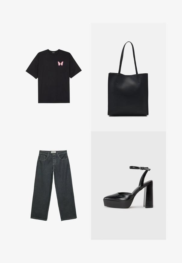 Črna bombažna majica s kratkimi rokavi, ki ima majhen roza metuljček na levi strani prsnega dela. Majica s krožnim ovratnikom in sproščenim krojem.; Temno sivi široki traper hlače, narejene iz denima, z visokim pasom, petimi žepi in vidnim šivom ob šivih.; Črne platforme z visokimi petami in koničastim nosom ter nastavljivim gležnjenjskim trakom. Narejene iz gladke usnje, s kockasto peto.; Črna usnjena torba s svilnato teksturo, pravokotne oblike in dvema dolgima ročajema. Brez vidnih metalnih delov ali okrasnih elementov.