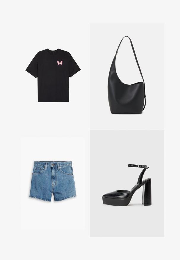 T-shirt de algodão preto com mangas curtas, apresentando um pequeno gráfico de borboleta rosa no lado esquerdo do peito. Design de gola redonda com um corte solto.; Bermudas de ganga em azul claro, com cinco bolsos, fecho de correr e fecho de botão. A bainha está desfiada com um design de corte descontraído.; Saltos altos pretos com bico fino e atilho ajustável no tornozelo. Confeccionados em couro suave, apresentam um salto bloco robusto.; Saco hobo preto em pele com uma textura lisa, forma curva e uma única alça ajustável; apresenta uma abertura larga na parte de cima.