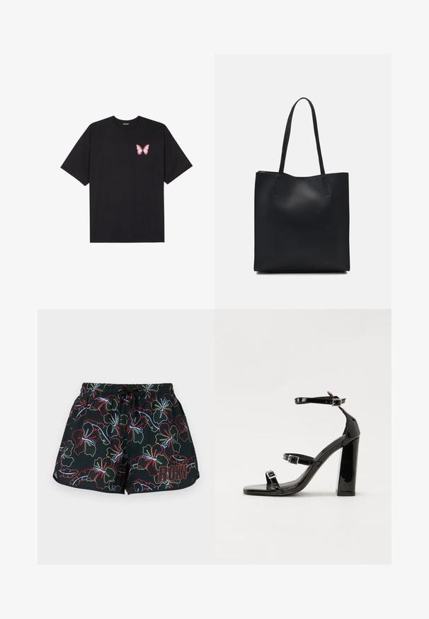 Černé bavlněné tričko s krátkým rukávem, na levém prsou s malou grafikou růžové motýlky. Design s kruhovým výstřihem a volným střihem.; Černé plavecké šortky s barevným květinovým vzorem v červené, zelené a modré barvě. Elastický pas se šňůrkou; logo "ROXY" na boku.; Černé lakované sandály na podpatku se čtveratou špičkou, lýtkovými pásky a stříbrnými přezkami. Disponují masivním blokovým podpatkem pro stabilitu.; Černá kožená taška přes rameno s hladkým povrchem, obdélníkovým tvarem a dvěma dlouhými uchy. Žádné viditelné kování ani ozdoby.