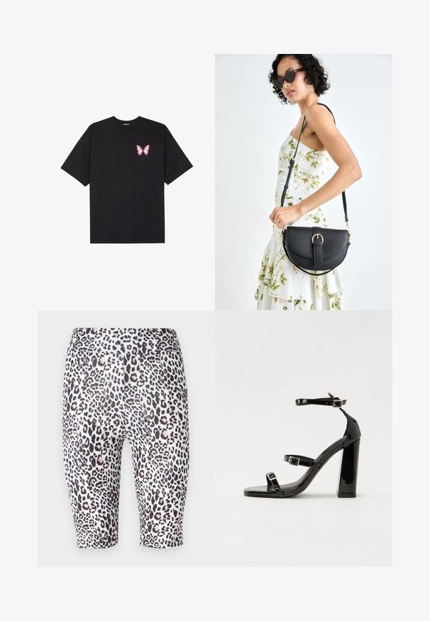 Čierne bavlnené tričko s krátkymi rukávmi, s malým ružovým motýlikom na ľavej hrudi. Design s okrúhlym výstrihom a uvoľneným strihom.; Noisy May NMPARLA SHORTS - Šortky - silver lining; Čierne lakované sandále na podpätku so štvorcovou špičkou, navlečenými remienkami okolo členku a striebornými prackami. Disponujú masívnym blokovým podpätkom pre stabilitu.; Čierna kožená kabelka s zaobleným tvarom, odnímateľným popruhom a zlatými doplnkami. Kabelka má klopu s detailom s prackou.