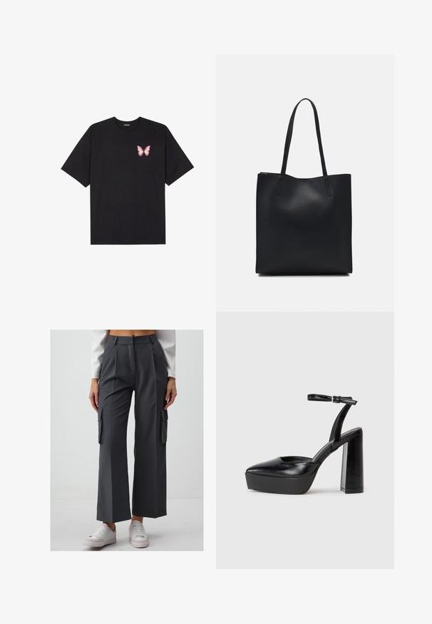 Zwarte katoenen t-shirt met korte mouwen, voorzien van een kleine roze vlinder graphic op de linkerkant van de borst. Crew neck ontwerp met een relaxte fit.; Grijze ruime cargobroek van gladde stof, met twee zijzakken en een hoge tailleband. Gecombineerd met witte sneakers.; Zwarte plateauhakken met een puntige neus en verstelbare enkelband. Gemaakt van soepel leer, met een robuuste blokhak.; Zwarte leren handtas met een gladde textuur, rechthoekige vorm en twee lange handvaten. Geen zichtbare hardware of versieringen.