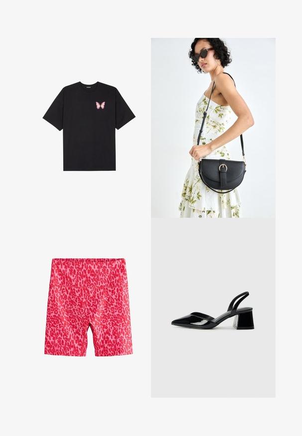 Must muströöpidega must puuvillane T-särk, vasakul rinnal on väike roosa liblikas. Ümar kaelus ja vabalt istuv lõige.; Roosa lühikesed püksid punase leopardimustriga. Valmistatud venivast kangast, kõrge vöökoha ja põlve pikkuse lõikega.; Mustad musta lakknahk kingad, millel on terav varvas ja geomeetriline plokkkonts. Omab elegantselt minimalistlikku disaini ja sujuvat tekstuuri.; Mustmust mustraha kõverate joontega, eemaldatava rihmaga ja kuldsete detailidega. Kotil on klapp, millel on pandladetail.