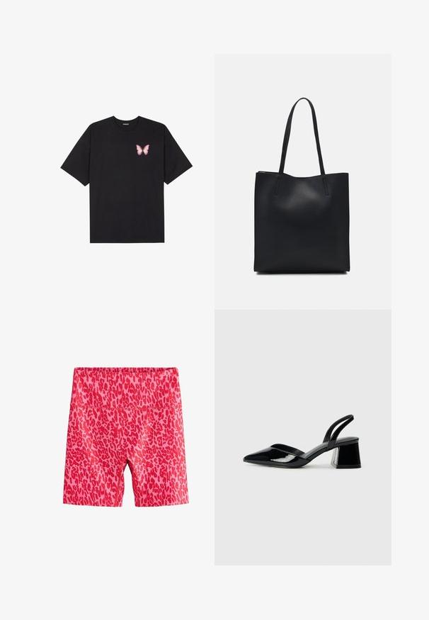 Czarny bawełniany t-shirt z krótkim rękawem, z małym różowym motylkiem na lewej piersi. Klasyczny dekolt z luźnym fasonem.; Różowe szorty w czerwony wzór w panterkę. Wykonane z elastycznej tkaniny, z wysokim stanem i długością do kolan.; Czarne lakierowane półbuty na obcasie z wydłużonym noskiem i geometrycznym słupkiem. Charakteryzują się eleganckim, minimalistycznym designem oraz gładką fakturą.; Czarna skórzana torba tote o gładkiej fakturze, prostokątnym kształcie i dwóch długich uchwytach. Brak widocznych elementów metalowych i ozdób.; Srebrne kolczyki w kształcie serca posiadają fasetowane przezroczyste kamienie, otoczone teksturowaną ramą. Zestaw obejmuje kolczyki w stylu wkrętów oraz wiszące.