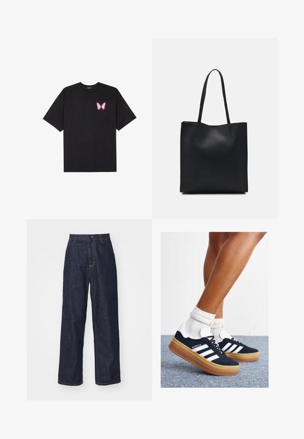 T-shirt de algodão preto com mangas curtas, apresentando um pequeno gráfico de borboleta rosa no lado esquerdo do peito. Design de gola redonda com um corte solto.; Calças de ganga de perna reta, azul-escuro, com passantes para cinto, botão frontal e bolsos laterais em fundo branco.; Ténis de camurça preta com riscas e detalhes brancos, biqueira arredondada, sola em borracha cor de goma, combinados com meias brancas caneladas até à altura do tornozelo.; Bolsa tote preta em couro com textura lisa, forma retangular e duas alças longas. Sem hardware ou enfeites visíveis.