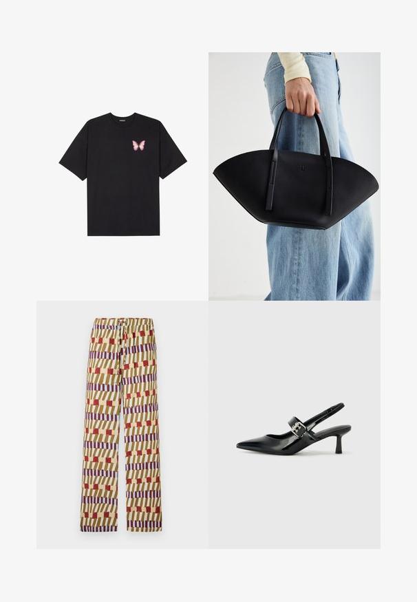 Black cotton t-shirt with short sleeves, featuring a small pink butterfly graphic on the left chest. Crew neck design with a relaxed fit.; Colorful patterned trousers featuring a drawstring waistband, made from lightweight fabric. The design includes stripes in red, blue, and yellow.; Black patent leather slingback heels with a pointed toe and a small block heel, featuring a silver buckle accent on the strap.; Black leather handbag with a unique fan shape, featuring flat handles. The surface has a pebbled texture and a minimalistic design.