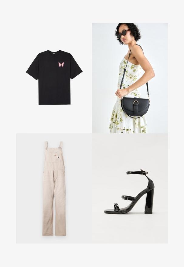 Svart bomulls T-skjorte med korte ermer, med en liten rosa sommerfugl grafikk på venstre bryst. Crew-neck design med en avslappet passform.; Beige denim overaller med justerbare stropper, frontlomme og en logomerking. Rett ben design, jevn tekstur og uten dekorasjoner.; Svart høyglans sandaler med hæl, firkantet tå, ankelremmer og sølvspenner. Har en kraftig blokkhæl for stabilitet.; Svart lærveske med en buet form, avtagbar stropp og gullbeslag. Vesken har et klaff med spenne-detall.