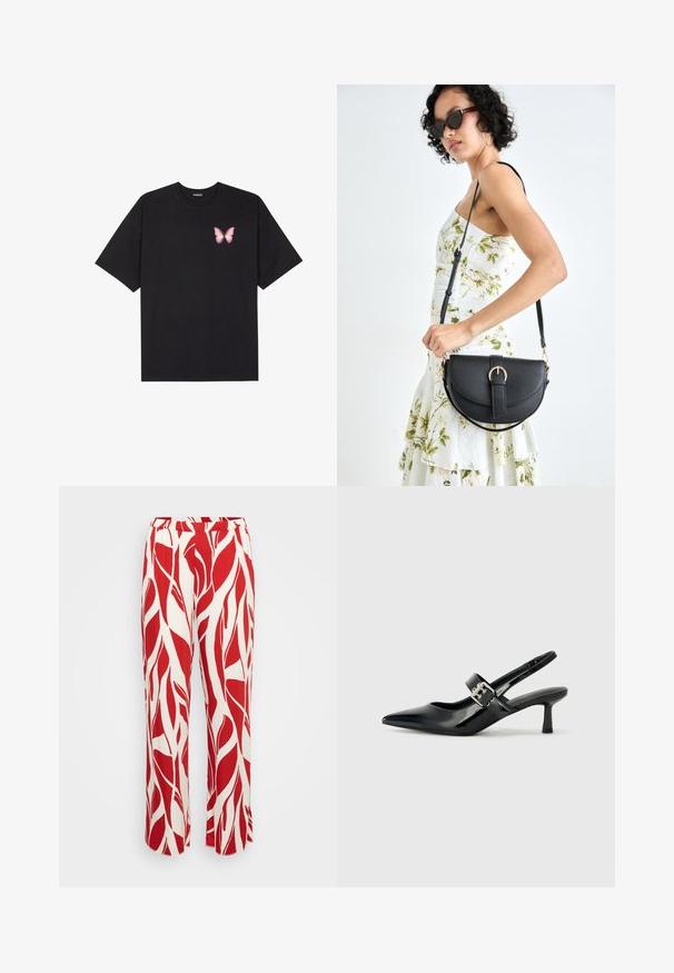 Fekete pamut póló rövid ujjakkal, bal mellkason egy kis rózsaszín pillangó grafikával. Kerek nyakú kialakítás, laza fazonnal.; Piros és fehér mintás nadrág, levelek mintájával, széles lábakkal, rugalmas derékpánttal és könnyű anyagból készült.; Fekete lakkbőr slingback sarkú cipők hegyes orral és kis blokk talppal, ezüst csat díszítéssel a pánton.; Fekete bőrtáska ívelt formával, levehető pánttal és arany színű fémrészekkel. A táskán egy csattal díszített fedél található.