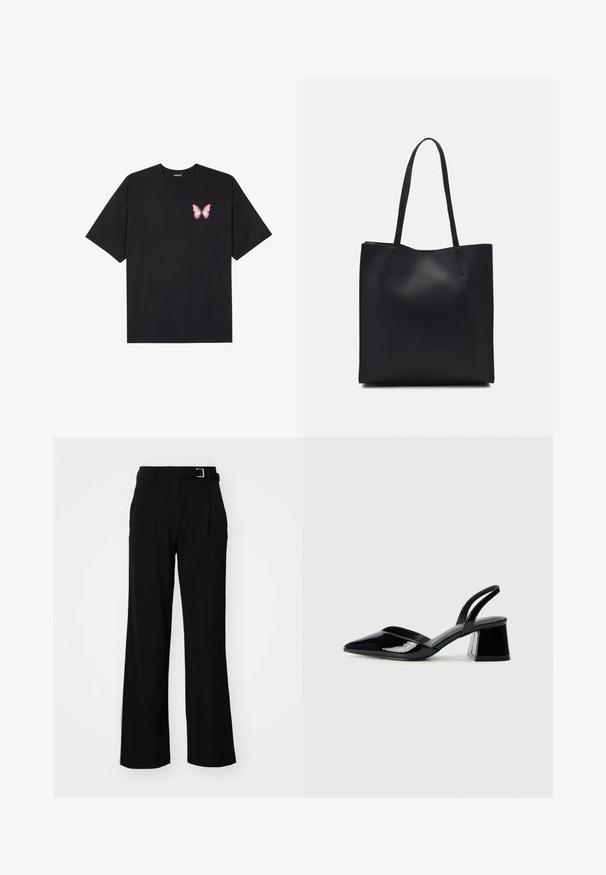 Fekete pamut póló rövid ujjakkal, bal mellkason egy kis rózsaszín pillangó grafikával. Kerek nyakú kialakítás, laza fazonnal.; Fekete, bőszárú nadrág sima textúrával, ezüstszínű hardverrel ellátott övvel és két elülső redővel a részletesség érdekében.; Fekete lakk bőr szandálkés magas sarkú cipő, hegyes orral és geometrikus tömbsarkakkal. Karcsú, minimalista dizájn és sima textúra jellemzi.; Fekete bőrtáska sima felszínnel, téglalap alakú, két hosszú füllel. Nincs látható fémkiegészítő vagy díszítés.