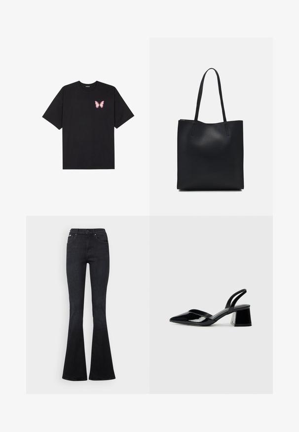 Black cotton t-shirt with short sleeves, featuring a small pink butterfly graphic on the left chest. Crew neck design with a relaxed fit.; Black flared jeans made of denim, featuring a classic five-pocket design, a button fly, and subtle stitching details.; Black patent leather slingback heels with a pointed toe and a geometric block heel. Features a sleek, minimal design and smooth texture.; Black leather tote bag with smooth texture, rectangular shape, and two long handles. No visible hardware or embellishments.