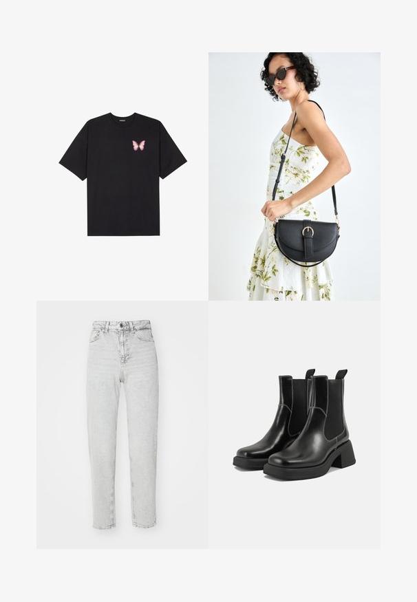 Tricou negru din bumbac cu mâneci scurte, având pe partea stângă a pieptului un mic grafic cu un fluture roz. Design cu guler rotund și croială lejeră.; Jeans cu talie înaltă, drepti, din denim gri deschis, având închidere cu buton și fermoar, cinci buzunare și un aspect uzat.; Botine Chelsea din piele neagră, cu toc masiv, panouri laterale elastice și cusături albe contrastante. Finisaj texturat.; Geantă din piele neagră, cu o formă curbată, curea detașabilă și accesorii aurii. Geanta are un capac cu un detaliu tip cataramă.