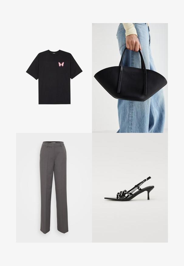 Black cotton t-shirt with short sleeves, featuring a small pink butterfly graphic on the left chest. Crew neck design with a relaxed fit.; Gray tailored trousers with a straight leg design, belt loops, and a smooth fabric texture. No visible patterns or embellishments.; Black slingback high-heel shoe with a pointed toe, featuring multiple narrow straps and circular accents across the front.; Black leather handbag with a unique fan shape, featuring flat handles. The surface has a pebbled texture and a minimalistic design.