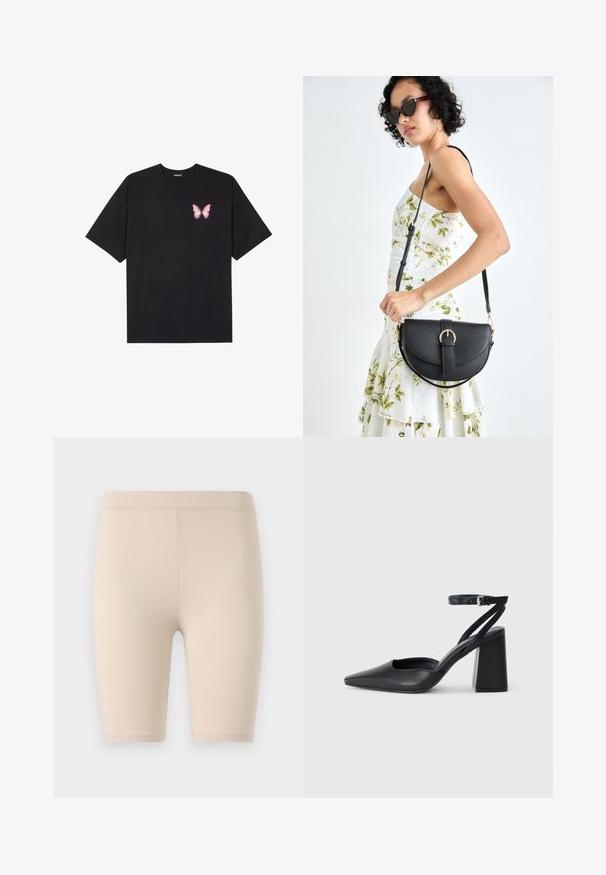Čierne bavlnené tričko s krátkymi rukávmi, s malým ružovým motýlikom na ľavej hrudi. Design s okrúhlym výstrihom a uvoľneným strihom.; Béžové bicyklové šortky vyrobené z elastického materiálu. Dĺžka po stred stehna, s hladkým pásom. Žiadne viditeľné vzory ani akcenty.; Čierne kožené lodičky s špicatou špičkou a členkovým remienkom, s masívnym podpätkom. Hladký povrch, elegantný dizajn a minimalistická estetika.; Čierna kožená kabelka s zaobleným tvarom, odnímateľným popruhom a zlatými doplnkami. Kabelka má klopu s detailom s prackou.
