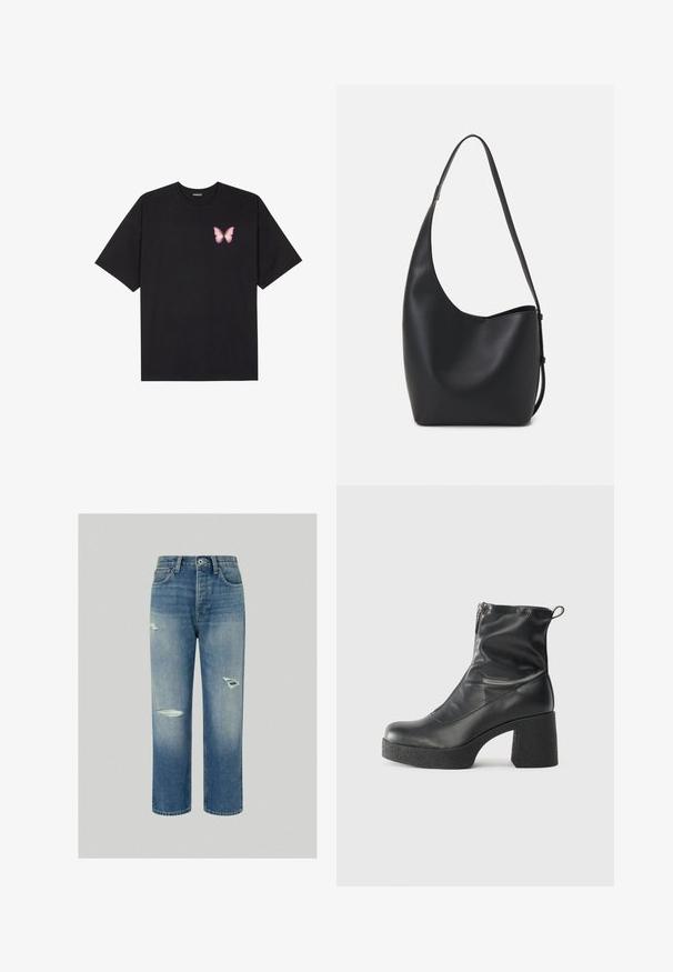 Must muströöpidega must puuvillane T-särk, vasakul rinnal on väike roosa liblikas. Ümar kaelus ja vabalt istuv lõige.; Sinine denimpüksid mugava lõikega, sisaldades kulunud plaastreid ja sirget jalalõiget. Klassikaline viie taskuga disain nupuga kinnitusega.; Mustad mustad ansapüksid, mis on valmistatud siledast nahast, külje zipperiga, paksu tekstuuriga kontsaga ja ümmarguse nina disainiga.; Mustast nahast hobo kott, millel on sile tekstuur, kumer kuju ja üks reguleeritav rihm; peal on lai avaus.