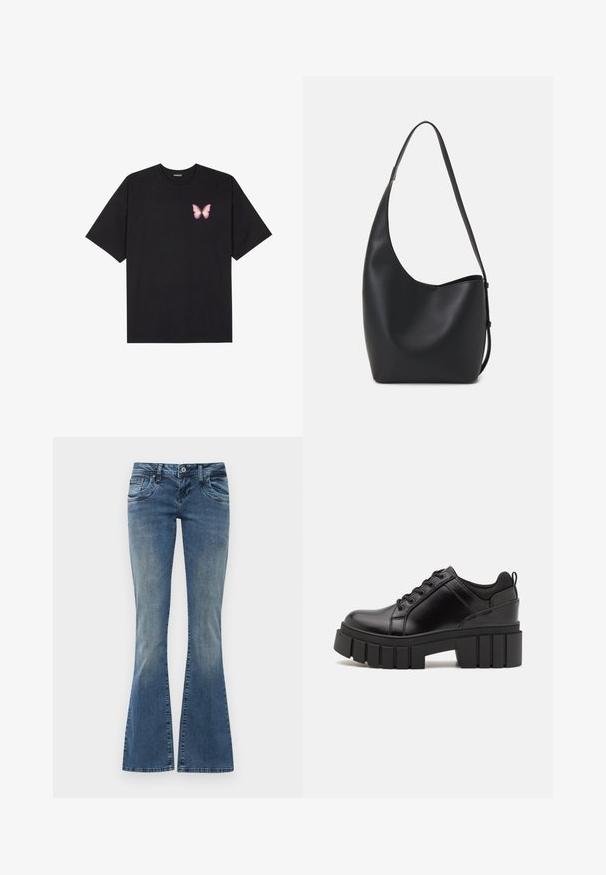 T-shirt de algodão preto com mangas curtas, apresentando um pequeno gráfico de borboleta rosa no lado esquerdo do peito. Design de gola redonda com um corte solto.; Calças de ganga rectas de corte alargado em denim com um efeito de desbotado, apresentando bolsos frontais, fecho com botão e um leve desgaste nos joelhos.; Sapatos de plataforma em couro preto com um salto bloco robusto, bico redondo e design clássico de atacadores. Apresentam uma textura suave e detalhes mínimos.; Saco hobo preto em pele com uma textura lisa, forma curva e uma única alça ajustável; apresenta uma abertura larga na parte de cima.