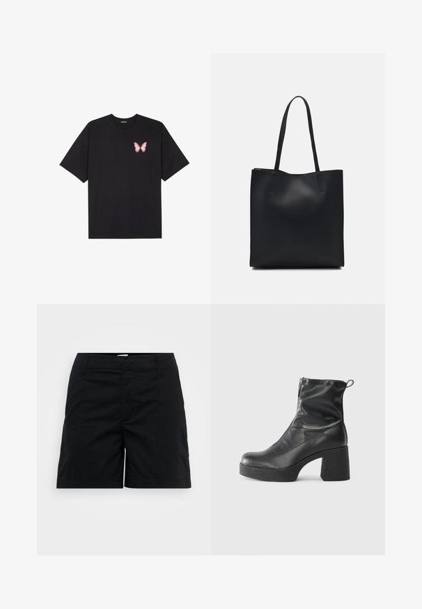 Melna kokvilnas T-krekls ar īsām piedurknēm, kuram priekšā kreisajā pusē ir neliels rozā tauriņa grafiskais attēls. Ar apaļu kaklu un brīvā stila piegriezumu.; Melnas kokvilnas bikses ar taisnu griezumu, ar jostu, priekšējiem kabatām un minimālistisku dizainu. Gluda tekstūra un bez redzamām rakstām.; Melni potītes zābaki, kas izgatavoti no gludas ādas, ar sānu rāvējslēdzēju, masīvu strukturētu papēdi un noapaļotu purngalu.; Melnas ādas somiņa ar gludu tekstūru, taisnstūra formu un divām garām rokturiem. Nav redzamu aparatūras vai rotājumu.