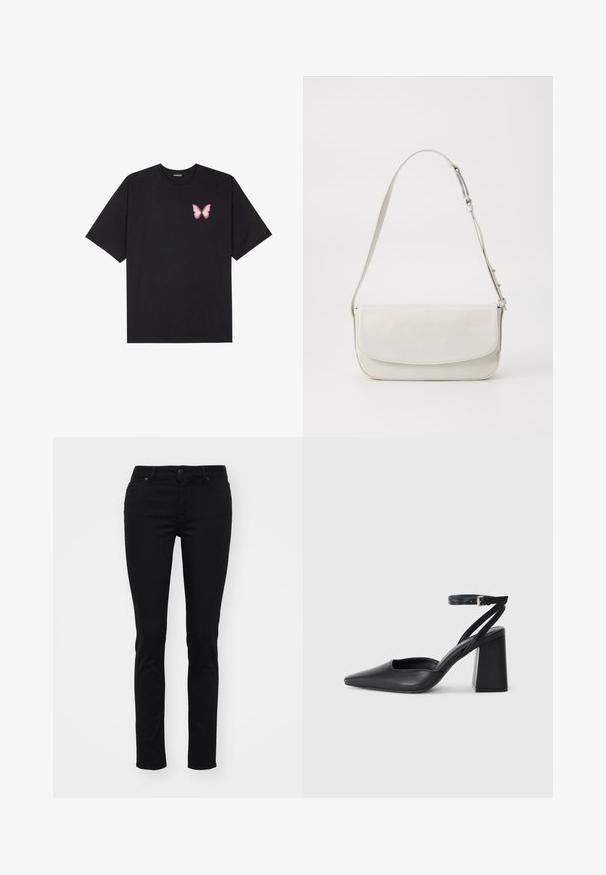 Camiseta de algodón negra de manga corta, con un pequeño gráfico de mariposa rosa en el lado izquierdo del pecho. Diseño de cuello redondo con un corte relajado.; Jeans skinny de mezclilla negra con una textura suave, diseño de cinco bolsillos, presillas para cinturón, cierre de botón y sin patrones ni adornos visibles.; Zapato de tacón puntiagudo de cuero negro con tira en el tobillo y tacón ancho. Textura plana, diseño elegante y estética minimalista.; Bolso de hombro de cuero blanco con un acabado suave, forma rectangular, cierre con solapa y una correa ajustable. Detalle de costura simple.