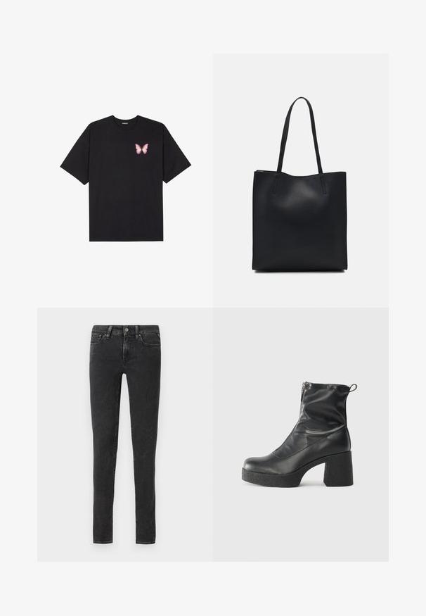 Crna pamučna majica s kratkim rukavima, s malim grafičkim prikazom ružičaste vjetricaste s desne strane na prsima. Dizajn s okruglim izrezom i opuštenim krojem.; Crne uske traperice s klasičnim dizajnom pet džepova, s prednjim dugmetom i suptilnim izbljeđivanjem za teksturu.; Crne gležnjače od glatke kože, s bočnim zatvaračem, debelim teksturiranim potplatom i dizajnom s zaobljenim prstima.; Crna kožna torba za nošenje s glatkom teksturom, pravokutnim oblikom i dvije duge ručke. Nema vidljivih metalnih dijelova ili ukrasa.