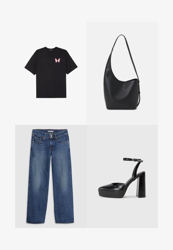 Črna bombažna majica s kratkimi rokavi, ki ima majhen roza metuljček na levi strani prsnega dela. Majica s krožnim ovratnikom in sproščenim krojem.; Modri šivani široki jeans s gumbom, zasnova s petimi žepi, rahlo zbledeli na stegnih in okrasne šive na šivih.; Črne platforme z visokimi petami in koničastim nosom ter nastavljivim gležnjenjskim trakom. Narejene iz gladke usnje, s kockasto peto.; Črna usnjena hobo torba z gladko teksturo, ukrivljeno obliko in eno nastavljivo naramnico; ima širok odprtina na vrhu.