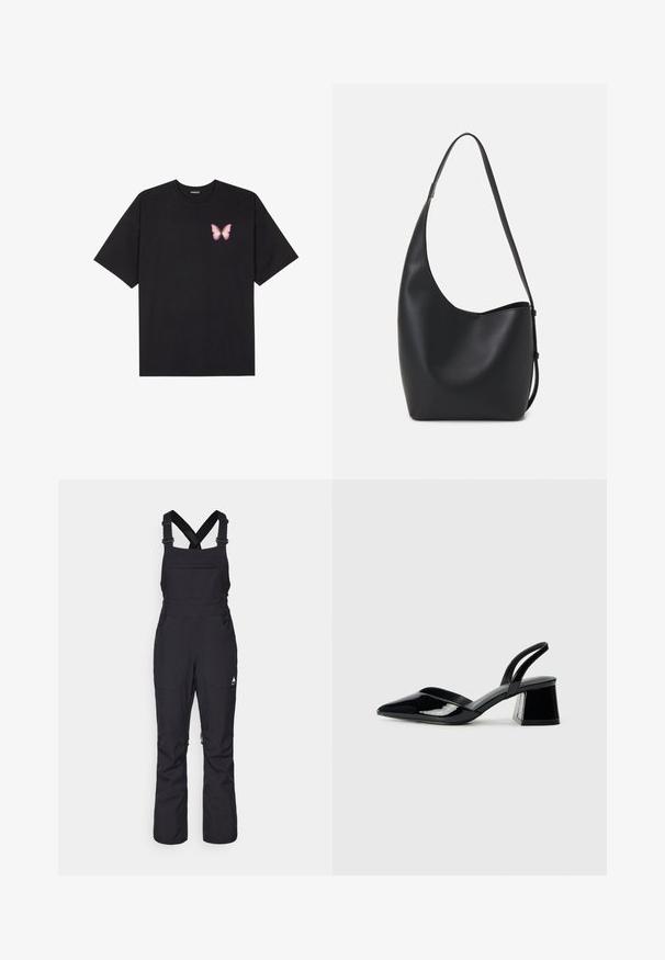 Black cotton t-shirt with short sleeves, featuring a small pink butterfly graphic on the left chest. Crew neck design with a relaxed fit.; Black overalls featuring adjustable shoulder straps, multiple pockets, a waterproof material, and a wide-leg design.; Black patent leather slingback heels with a pointed toe and a geometric block heel. Features a sleek, minimal design and smooth texture.; Black leather hobo bag with a smooth texture, curved shape, and single adjustable strap; features a wide opening at the top.