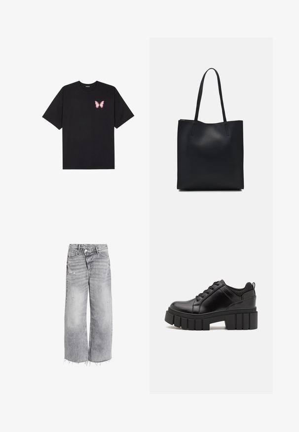 Melna kokvilnas T-krekls ar īsām piedurknēm, kuram priekšā kreisajā pusē ir neliels rozā tauriņa grafiskais attēls. Ar apaļu kaklu un brīvā stila piegriezumu.; Augstās vidukļa platās kājas džinsi gaiši pelēkā denima, ar plēstu akcentu un neapstrādātu maliņu. Divas priekšējās kabatas un pogas aizdare.; Melnas ādas platformas kurpes ar masīvu bloku papēdi, apaļu purngalu un tradicionālu saistīšanas dizainu. Izceļas ar gludu tekstūru un minimālu apdari.; Melnas ādas somiņa ar gludu tekstūru, taisnstūra formu un divām garām rokturiem. Nav redzamu aparatūras vai rotājumu.