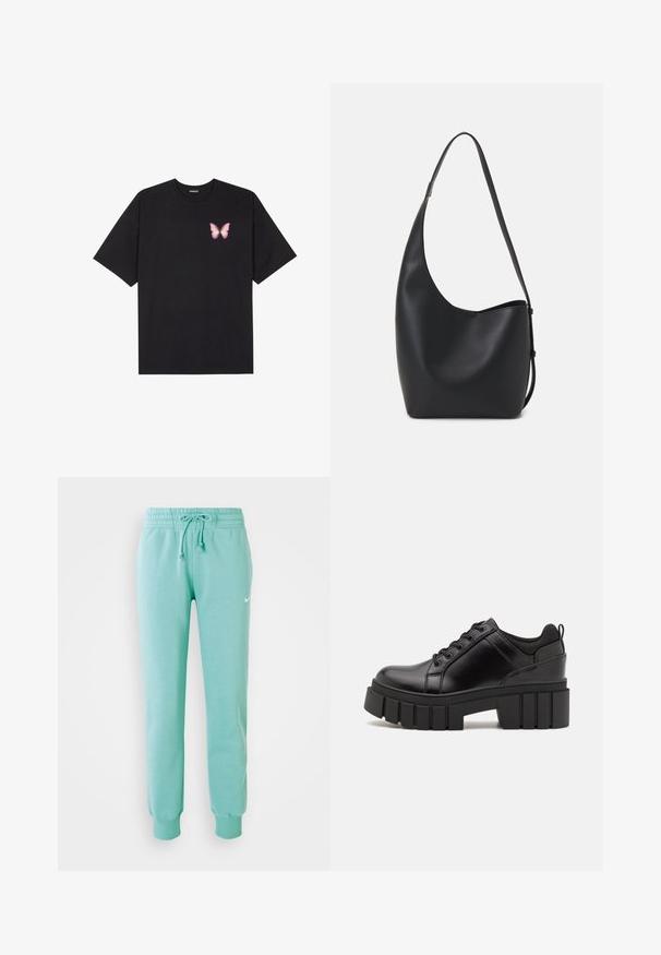 Črna bombažna majica s kratkimi rokavi, ki ima majhen roza metuljček na levi strani prsnega dela. Majica s krožnim ovratnikom in sproščenim krojem.; Minta zelena trenirka z elastičnim pasom, vrvico in rebrastimi manšetami. Ima majhen beli Nike logotip na levem stegnu.; Črne usnjene platforme z debelim blokastim petam, okroglo konico in klasičnim vezanjem. Imajo gladko teksturo in minimalne podrobnosti.; Črna usnjena hobo torba z gladko teksturo, ukrivljeno obliko in eno nastavljivo naramnico; ima širok odprtina na vrhu.