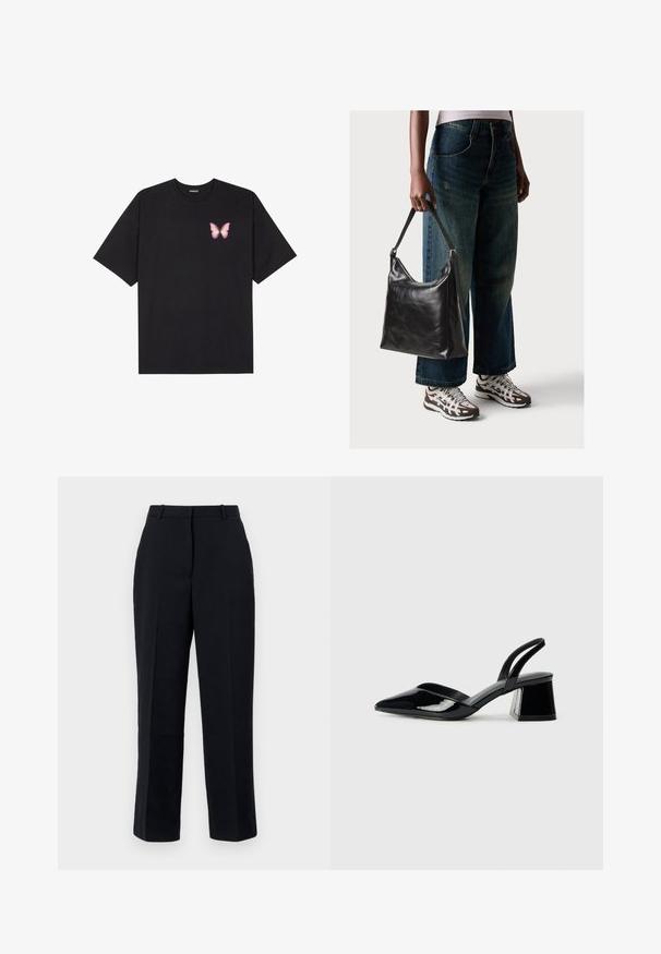 Črna bombažna majica s kratkimi rokavi, ki ima majhen roza metuljček na levi strani prsnega dela. Majica s krožnim ovratnikom in sproščenim krojem.; Črne hlače ravnega kroja, izdelane iz gladkega materiala, z detajli pregiba, zanke za pas in stranskimi žepi. Primerne za formalna oblačila.; Črne lakirane slingback pete s koničastim nosom in geometrijsko blokasto peto. Imajo eleganten, minimalističen dizajn in gladko teksturo.; Črna usnjena torba za ramo z gladko teksturo in nastavljivim trakom, v kombinaciji z zbledelimi širokimi hlačami in športnimi supergami.