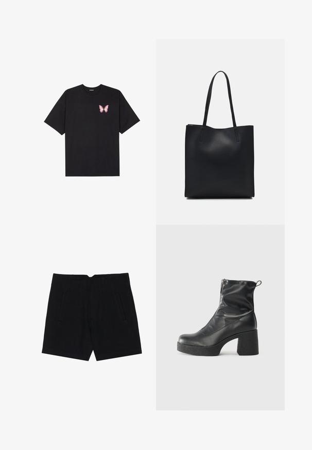 Crna pamučna majica s kratkim rukavima, s malim grafičkim prikazom ružičaste vjetricaste s desne strane na prsima. Dizajn s okruglim izrezom i opuštenim krojem.; Crne kratke hlače od glatkog materijala, s bočnim džepovima, krojem prilagođenim tijelu i strukiranim plisama sprijeda za uredan siluetu.; Crne gležnjače od glatke kože, s bočnim zatvaračem, debelim teksturiranim potplatom i dizajnom s zaobljenim prstima.; Crna kožna torba za nošenje s glatkom teksturom, pravokutnim oblikom i dvije duge ručke. Nema vidljivih metalnih dijelova ili ukrasa.