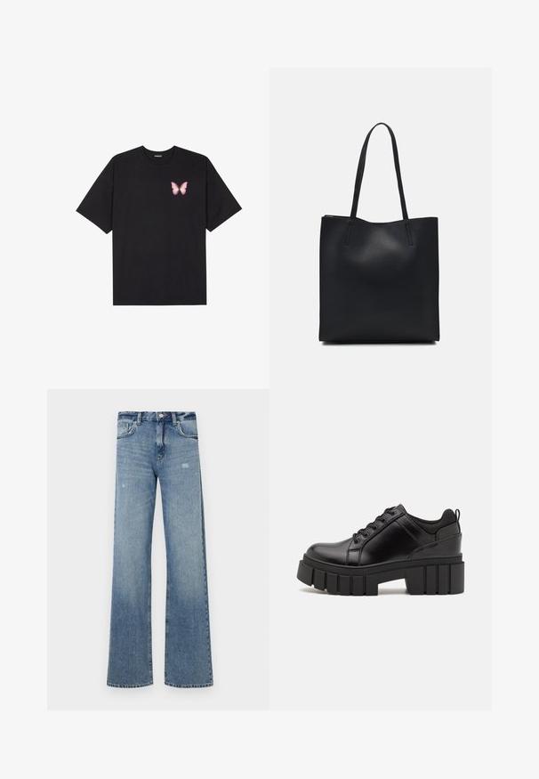 Crna pamučna majica s kratkim rukavima, s malim grafičkim prikazom ružičaste vjetricaste s desne strane na prsima. Dizajn s okruglim izrezom i opuštenim krojem.; Svijetloplavi traperice s visokim strukom, širokim nogavicama, blagim trošenjem i klasičnom petodžepnom konstrukcijom.; Crne kožne platforme s debelim blok-peta, okruglim prstima i klasičnim dizajnom vezanja. Imaju gladak tekstur i minimalne detalje.; Crna kožna torba za nošenje s glatkom teksturom, pravokutnim oblikom i dvije duge ručke. Nema vidljivih metalnih dijelova ili ukrasa.