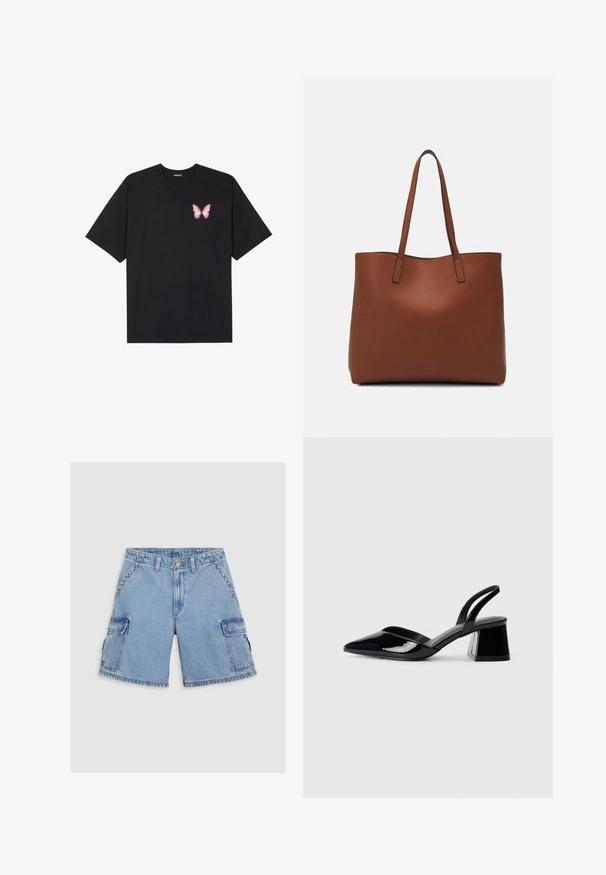 Svart bomulls T-skjorte med korte ermer, med en liten rosa sommerfugl grafikk på venstre bryst. Crew-neck design med en avslappet passform.; Lyseblå denim cargo-shorts med to store sidelommer, kontrasterende sømmer, knappeåpning og slitt kantdetalj.; Svarte patentlær slingback hæler med spiss tå og geometrisk blokk hæl. Har et stilrent, minimalistisk design og jevn tekstur.; Brun lær tote veske med en jevn tekstur, åpen toppdesign og to skulderstropper. Har minimal søm og ingen synlige spiker.