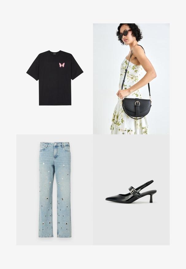 Črna bombažna majica s kratkimi rokavi, ki ima majhen roza metuljček na levi strani prsnega dela. Majica s krožnim ovratnikom in sproščenim krojem.; Svijetloplave traperice širokih nogavica, s višestrukim kružnim metalnim okovima. Klasičan dizajn s pet džepova.; Črne patent usnjene slingback pete s koničastim nosom in majhnim blok peto, ki vključujejo srebrno zaponko na traku.; Črna usnjena torbica s ukrivljeno obliko, z odstranljivo naramnico in zlatimi dodatki. Torbica ima pokrov s podrobnostmi v obliki zaponke.