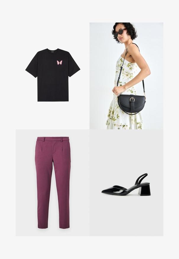 Camiseta de algodón negra de manga corta, con un pequeño gráfico de mariposa rosa en el lado izquierdo del pecho. Diseño de cuello redondo con un corte relajado.; Pantalones rectos de color ciruela con pasadores para cinturón, bolsillos laterales y una cintura ajustada sobre un fondo blanco.; Zapatos de tacón slingback de charol negro con punta afilada y tacón geométrico en bloque. Presentan un diseño elegante y minimalista, así como una textura suave.; Bolso de piel negra con forma curva, correa desmontable y herrajes dorados. El bolso cuenta con una solapa con un detalle de hebilla.