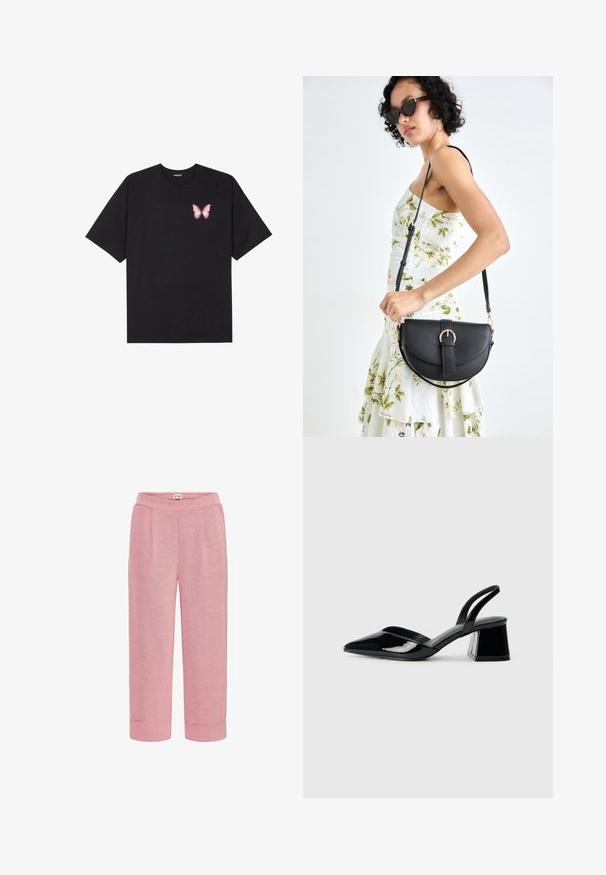 Svart bomullströja med korta ärmar, med en liten rosa fjärilsgrafik på vänster bröst. Rundad halsdesign med en avslappnad passform.; Rosa, vävda byxor med avslappnad passform, försedda med framfickor och uppvikt fåll. Elastisk midja för extra komfort.; Svarta lackläder slingback klackar med spetsig tå och geometrisk klack. Har en elegant, minimalistisk design och slät yta.; Svart läderhandväska med en böjd form, avtagbar rem och guldiga detaljer. Väskan har ett lock med en spänndetalj.