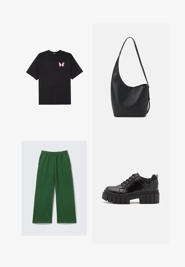 Juodas medvilnės marškinėliai trumpomis rankovėmis, su maža rožine drugelio grafika kairėje krūtinės pusėje. Apvalus kaklo iškirpimas, laisvas kirpimas.; Žalios plačios kelnės iš minkštos medžiagos, su elastinga juosmens juosta ir šoninėmis kišenėmis praktiškam naudojimui. Be matomų raštų ar aksesuarų.; Juodi odiniai platformos batai su masyviu blokuota kulniuku, apvalia nosimi ir tradiciniu šnypštimo dizainu. Turintys glotnų paviršių ir minimalų dekoravimą.; Juodas odinis hobo maišas su lygiu paviršiumi, kreipta forma ir viena reguliuojama rankena; turi platų atidarymą viršuje.