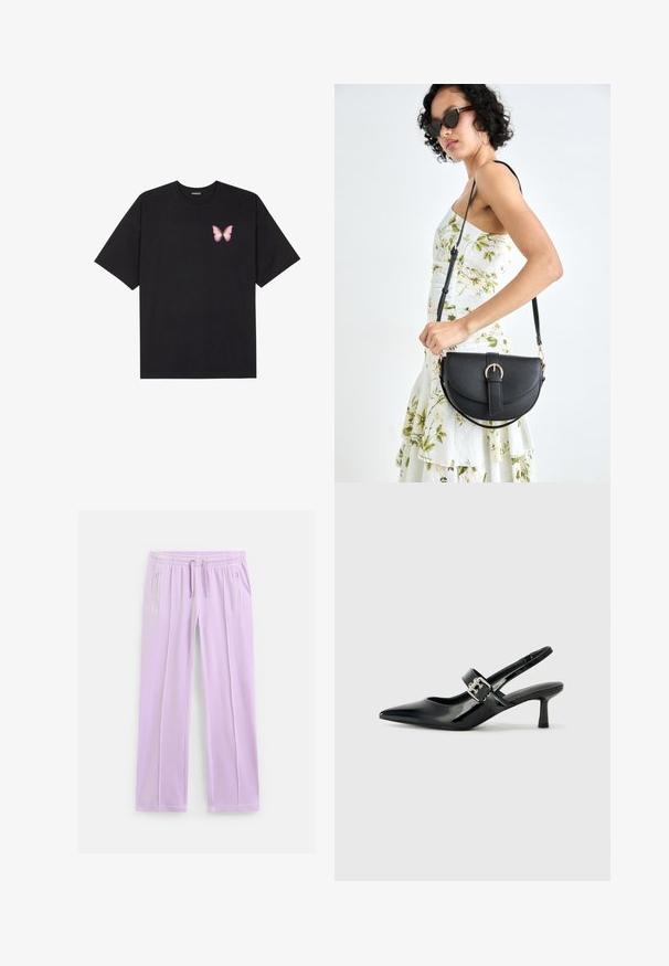 Črna bombažna majica s kratkimi rokavi, ki ima majhen roza metuljček na levi strani prsnega dela. Majica s krožnim ovratnikom in sproščenim krojem.; Svetlo vijoličaste hlače s ravnimi hlačnicami, elastičnim pasom, nastavljivimi vrvicami in stranskimi žepi z zadrgo.; Črne patent usnjene slingback pete s koničastim nosom in majhnim blok peto, ki vključujejo srebrno zaponko na traku.; Črna usnjena torbica s ukrivljeno obliko, z odstranljivo naramnico in zlatimi dodatki. Torbica ima pokrov s podrobnostmi v obliki zaponke.