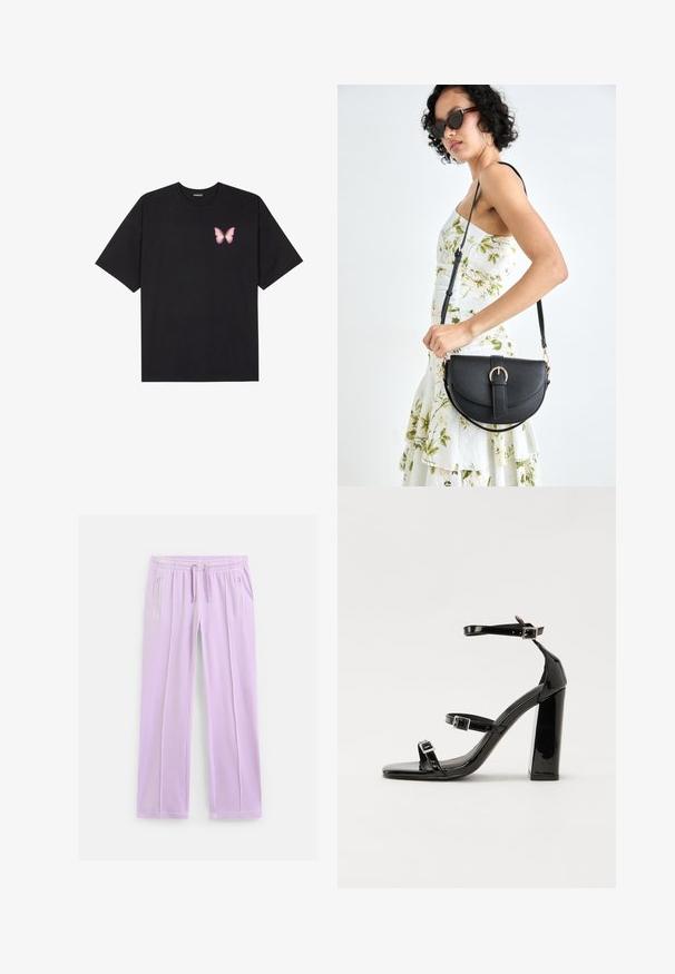 Svart bomullströja med korta ärmar, med en liten rosa fjärilsgrafik på vänster bröst. Rundad halsdesign med en avslappnad passform.; Ljuslila sweatpants med raka ben, elastisk midja, justerbara dragsnören och blixtlåsförsedda sidofickor.; Svarta lackerade högklackade sandaler med två spännband, fyrkantig tå och en tjock klack, med en slät och glansig yta.; Svart läderhandväska med en böjd form, avtagbar rem och guldiga detaljer. Väskan har ett lock med en spänndetalj.