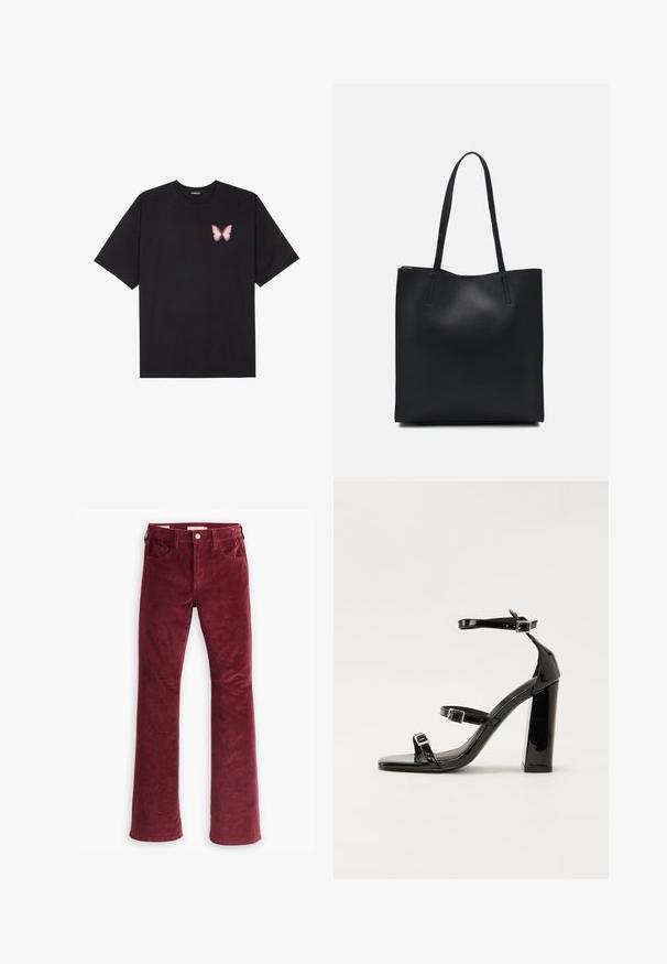 Camiseta de algodón negra de manga corta, con un pequeño gráfico de mariposa rosa en el lado izquierdo del pecho. Diseño de cuello redondo con un corte relajado.; Levi's® 726™ FLARE - Vaqueros a campana - windsor wine; Sandalias de tacón de charol negro con punta cuadrada, correas en el tobillo y hebillas plateadas. Presentan un tacón grueso para mayor estabilidad.; Bolso tote de cuero negro con textura lisa, forma rectangular y dos asas largas. Sin herrajes ni adornos visibles.